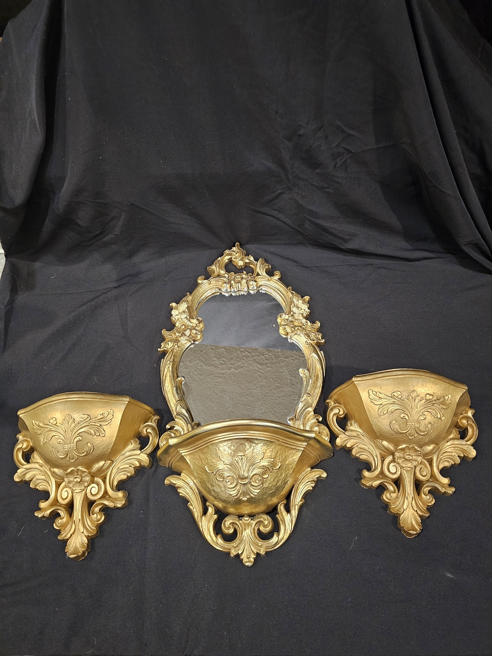 Gold Ornate Wall Mirror and Matching Sconces - Elegant Home Wall Decor MCM